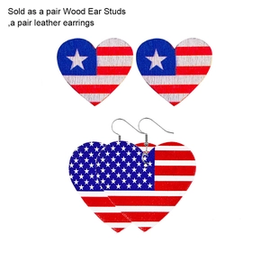 Independence Day earrings set featuring wooden heart studs and leather flag drop earrings