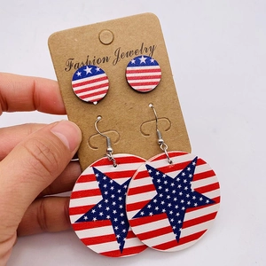 Detail of American flag themed earring set with stars and stripes on brown display card