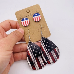 Detail of Independence Day faux leather earrings featuring retro US flag patterns
