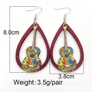 Bohemian style hollow wooden guitar drop earrings with colorful floral prints for women