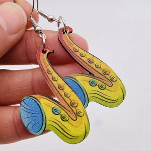 Creative wooden saxophone drop earrings with colorful artistic gradient print for music lovers