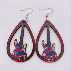 Hollow electric guitar wooden teardrop earrings with vintage London rock music graffiti