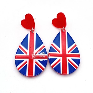 British flag acrylic heart and teardrop earrings with Union Jack print on white background