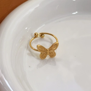 Golden butterfly open ring for women with adjustable band and fine wing texture details
