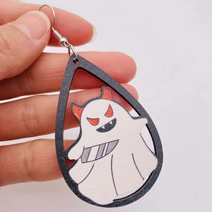 Orecchini in legno di Halloween a forma di goccia con motivo fantasma e corna arancioni