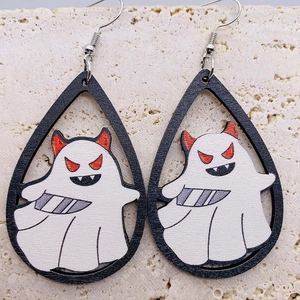 Orecchini di Halloween in legno a goccia con fantasma bianco spaventoso e corna rosse
