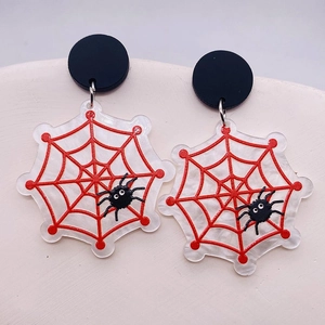 Detail of Halloween acrylic spider web earring with 3D black spider decoration