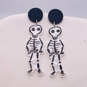 Halloween acrylic skeleton drop earrings with black hand-painted bone details for parties