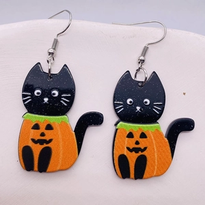 Halloween acrylic earrings featuring black cat in orange pumpkin pendants for party decor