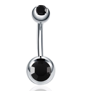 Macro shot of silver stainless steel belly button ring with two round black faceted gems