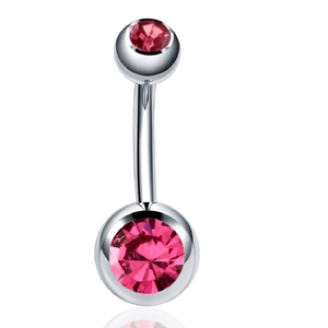 Surgical stainless steel belly button ring with double pink cubic zirconia stones on white base