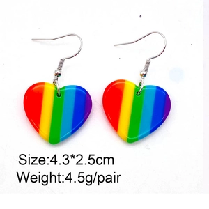 Acrylic rainbow heart drop earrings with colorful stripes for Valentine's Day