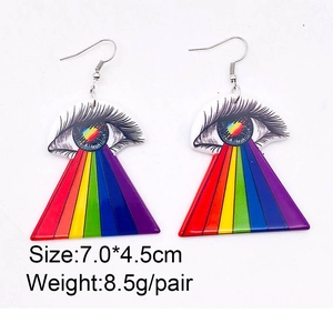 Artistic acrylic eye earrings with rainbow pattern and silver-tone hooks, 7cm drop