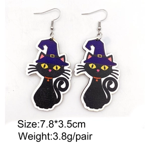Orecchini di Halloween in legno con gatto nero, cappello da mago e colletto arancio