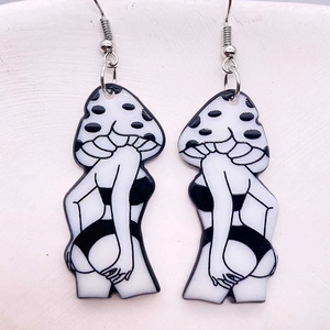 Cartoon mushroom girl pendant earrings in black and white acrylic bikini design