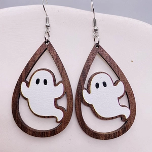 Orecchini pendenti a goccia in legno con motivo a fantasma per Halloween