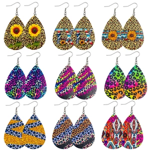 Bohemian Faux Leather Teardrop Earrings For Women Leopard Print Sunflower Pattern Western Texas Style Vintage Handmade Dangle Earrings Gift