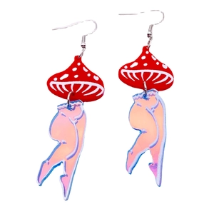 Quirky mushroom girl acrylic dangle earrings with iridescent legs on silver hooks
