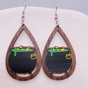 Orecchini in legno a goccia con design calderone da strega Halloween e ganci d'argento