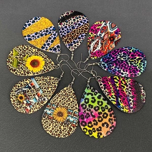 Faux leather teardrop earrings set with leopard and sunflower prints for women