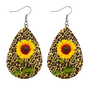 Leopard print teardrop earrings with sunflower design in retro bohemian style for women