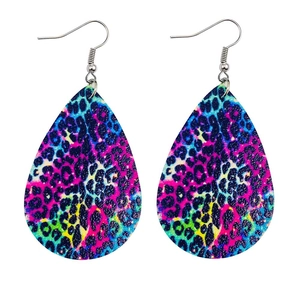 Detail view of water-drop leopard print earrings with vibrant colors and lychee leather texture