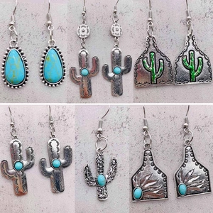 Boucles d'Oreilles Pendantes Bohème Vintage en Alliage Turquoise Artificielle Cactus Style Ethnique Rétro Western Floral pour Femme