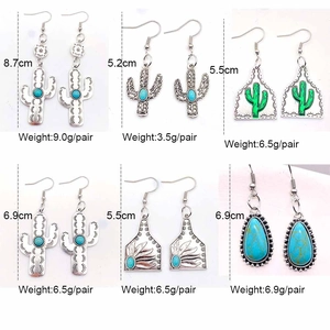 Boucles d'oreilles bohèmes vintage cactus turquoise en alliage argenté pour femme
