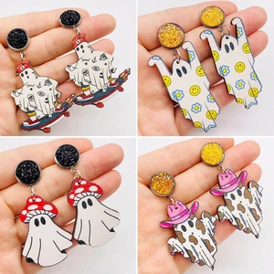 Halloween Ghost Printed Wood Drop Earrings For Women Western Cowboy Hat Mushroom Skateboard Smiley Face Holiday Jewelry