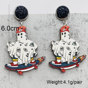 Detailed size view of Halloween ghost skateboard earrings with wood texture