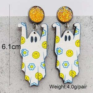 Vintage wooden ghost earrings for Halloween with yellow smiley faces and blue flowers