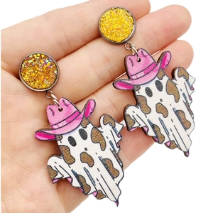 Halloween ghost earrings with pink cowgirl hat and yellow rhinestones wood jewelry