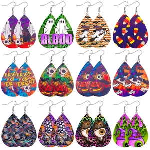 Boucles d'Oreilles Pendantes en Goutte de Similicuir Halloween Imprimées Double Face Crâne Citrouille Bijoux de Fête Femme
