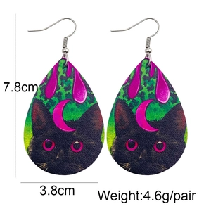 Boucles d'oreilles Halloween en cuir goutte d'eau avec chat noir et croissant de lune