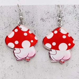 Funny red mushroom drop earrings with polka dots and humanized shape in acrylic