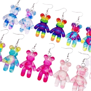Boucles d'oreilles ours en résine dégradée colorée avec paillettes et crochets argentés