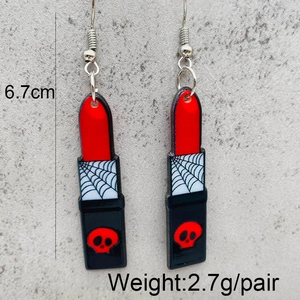 Lipstick drop earrings with Halloween skull and spider web patterns in red and black