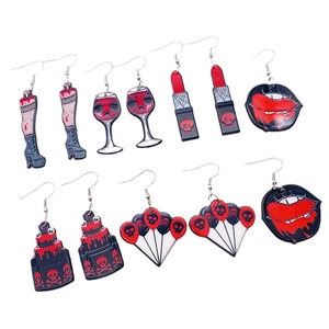 Acrylic Halloween earrings set featuring skull, bloody lips, and bat balloon charms