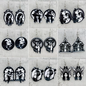 Gothic Halloween Witch Acrylic Earrings For Women Spooky Black White Double Sided Pendant Earrings Raven Cat Moth Jewelry