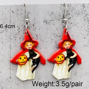 Pendientes de Halloween en acrílico con diseño vintage de niña, calabaza y gato negro