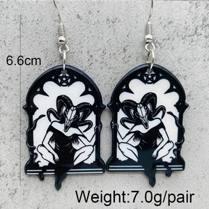 Detailed view of Gothic Baphomet acrylic earrings showing 6.6cm height and 7.0g weight