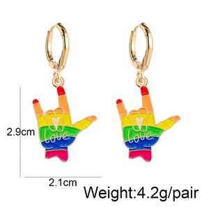 Detailed view of rainbow gesture earrings with gold love text and 2.9cm size dimensions