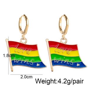 Detail of Rainbow Love Wins earrings with dimensions 1.8cm by 2.0cm and weight specs
