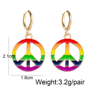 Detailed view of rainbow enamel peace sign earrings with dimensions 2.1cm by 1.8cm