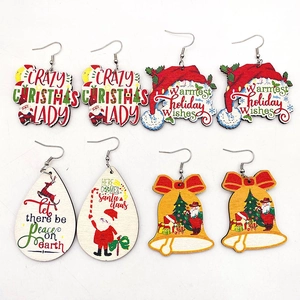 Christmas Wooden Drop Earrings Santa Claus Reindeer Print Lightweight Holiday Jewelry For Women Party Xmas Decoration Gift