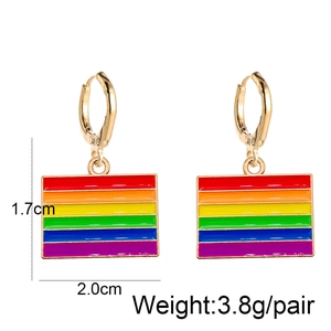 Detailed view of rainbow enamel earrings with dimensions 1.7cm by 2.0cm and 3.8g weight