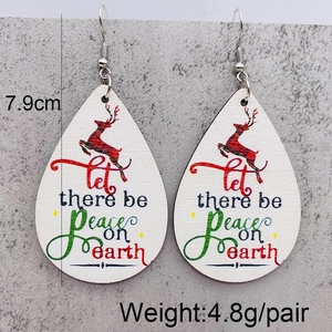 Lightweight teardrop wooden earrings featuring plaid reindeer and Peace on Earth text