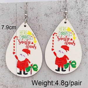 Lightweight wooden teardrop earrings with Santa Claus print and metal ear hooks