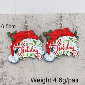 Christmas hat wooden dangle earrings with warmest holiday wishes print and holly patterns