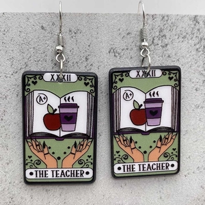 Detail of acrylic tarot card earrings featuring The Teacher design and long hook style